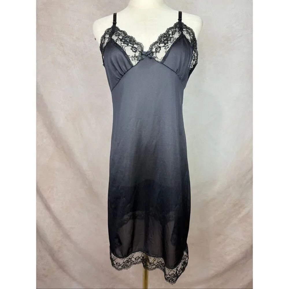 Vintage Sliperfection Lingerie Dress 70s Black Nylon Lace Slip Dress Size 36